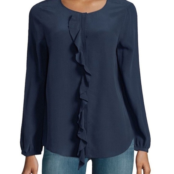 Joie Navy Blue 100% Silk Ruffle Front Long Sleeve Blouse, Size XS 🔴 - Picture 1 of 4